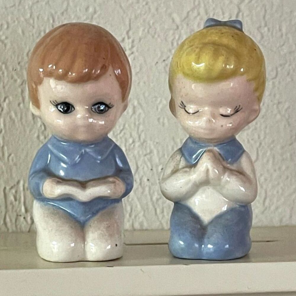 Vintage Pair Porcelain Boy & Girl figurines Blue outfits Reading Bible & Praying